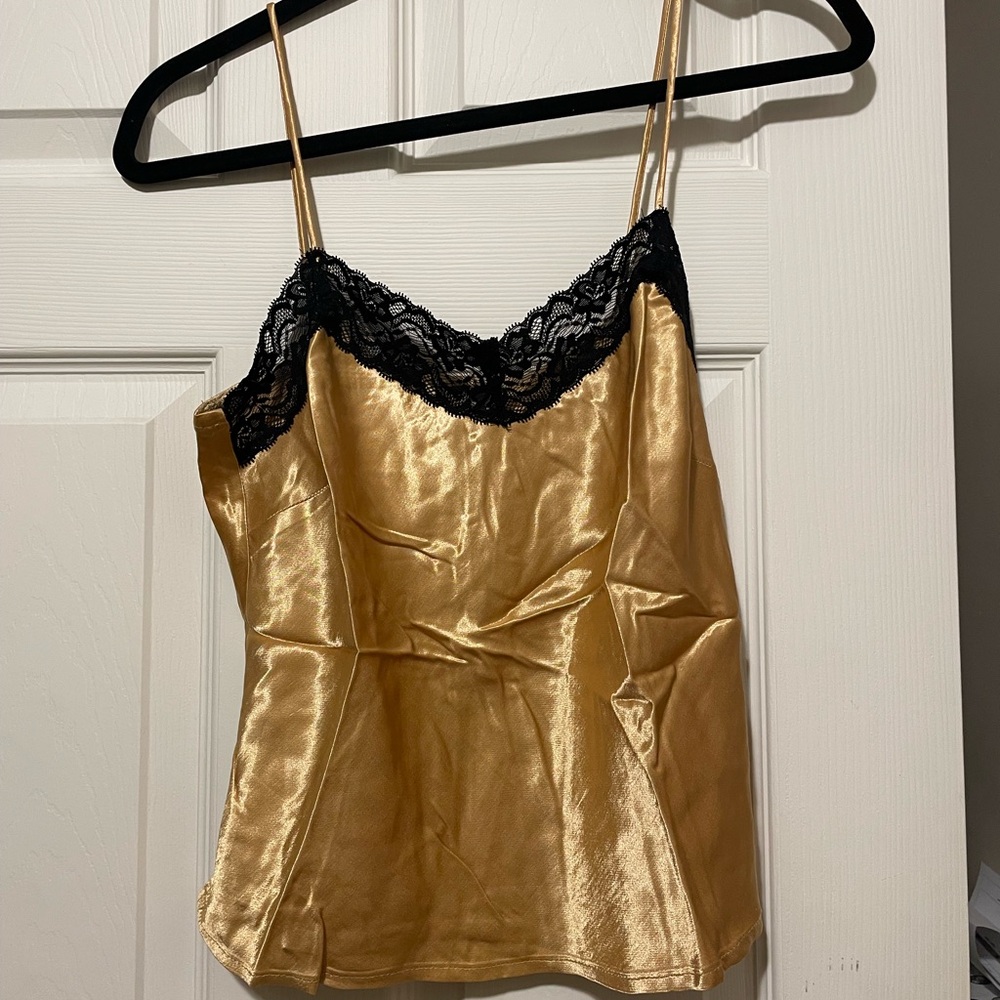 VTG Y2K Glamorous Gold Cami with Black Lace Trim